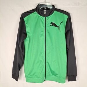 Puma Boys Large Sports Zip-Up Hoodie Jacket Full Zip Green/Coal Black